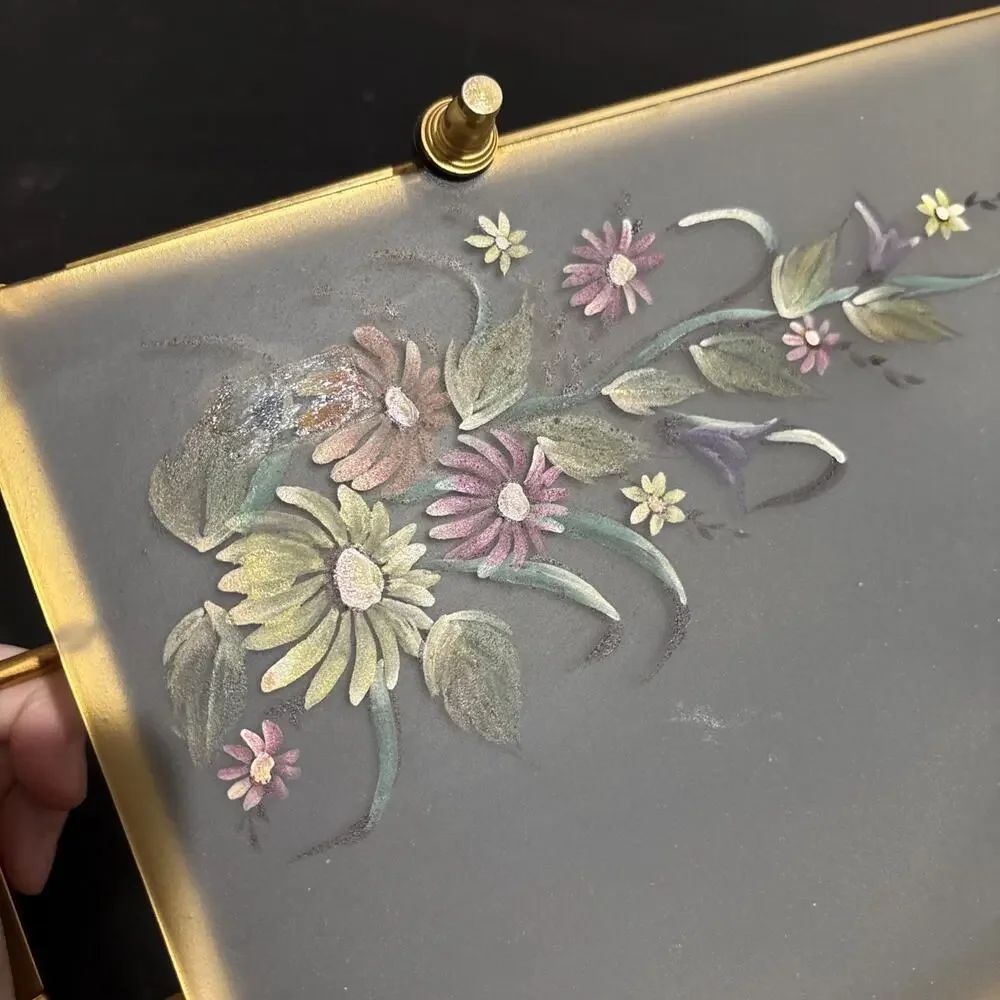 Vintage MCM Hollywood Regency Brass Frame Glass Hand Painted Floral Serving Tray